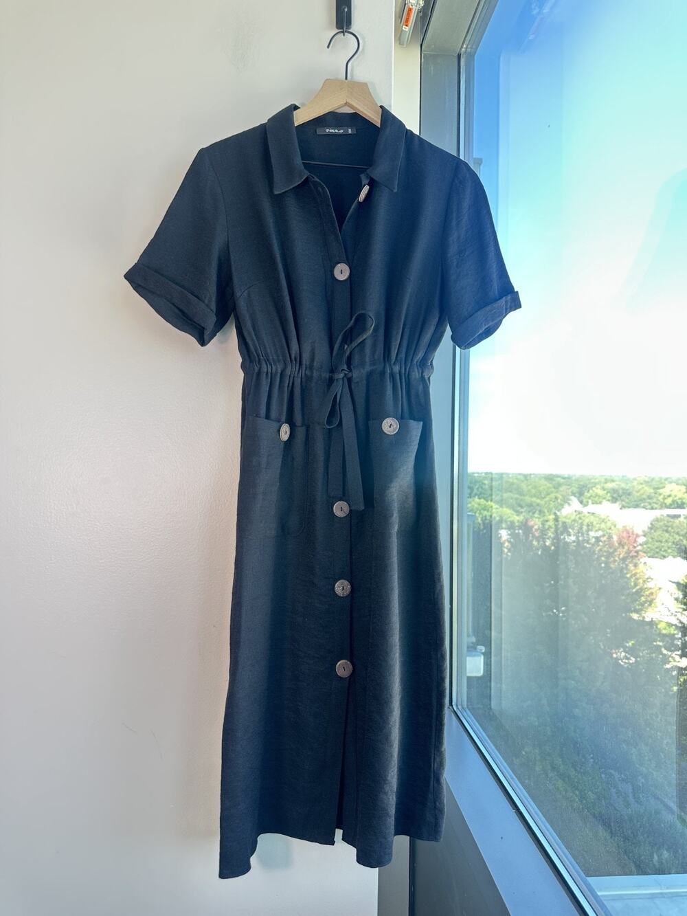 Pika Life 100% Linen Black Short Sleeve Midi Dress Sz M